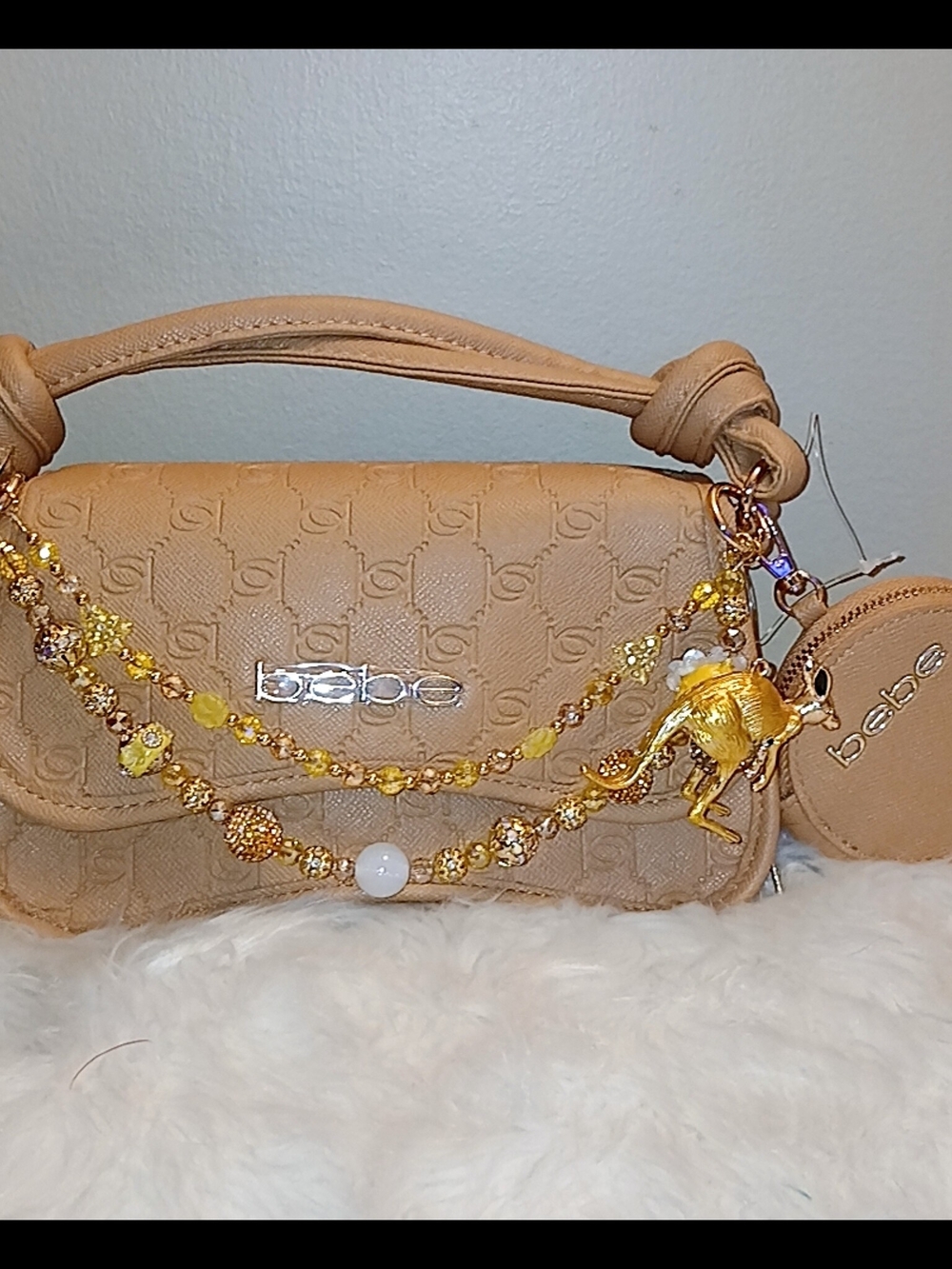 BeBe Tan Mini Top-Handle Bag with Gold Beaded Chain